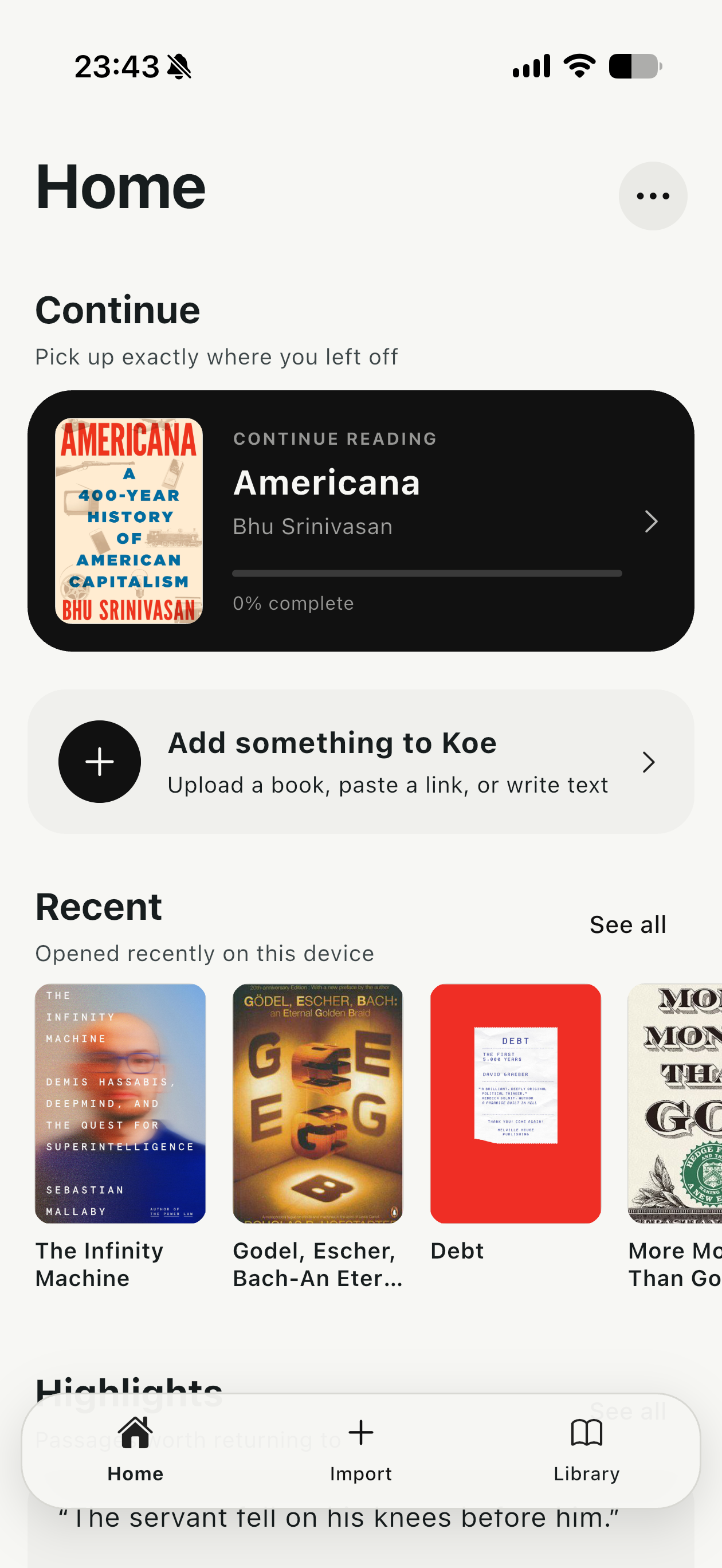 Koe home screen with a book in progress