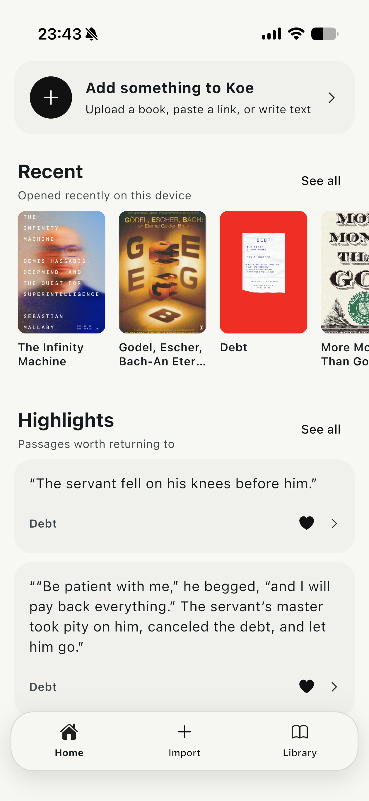 Koe home screen with recent books and highlights