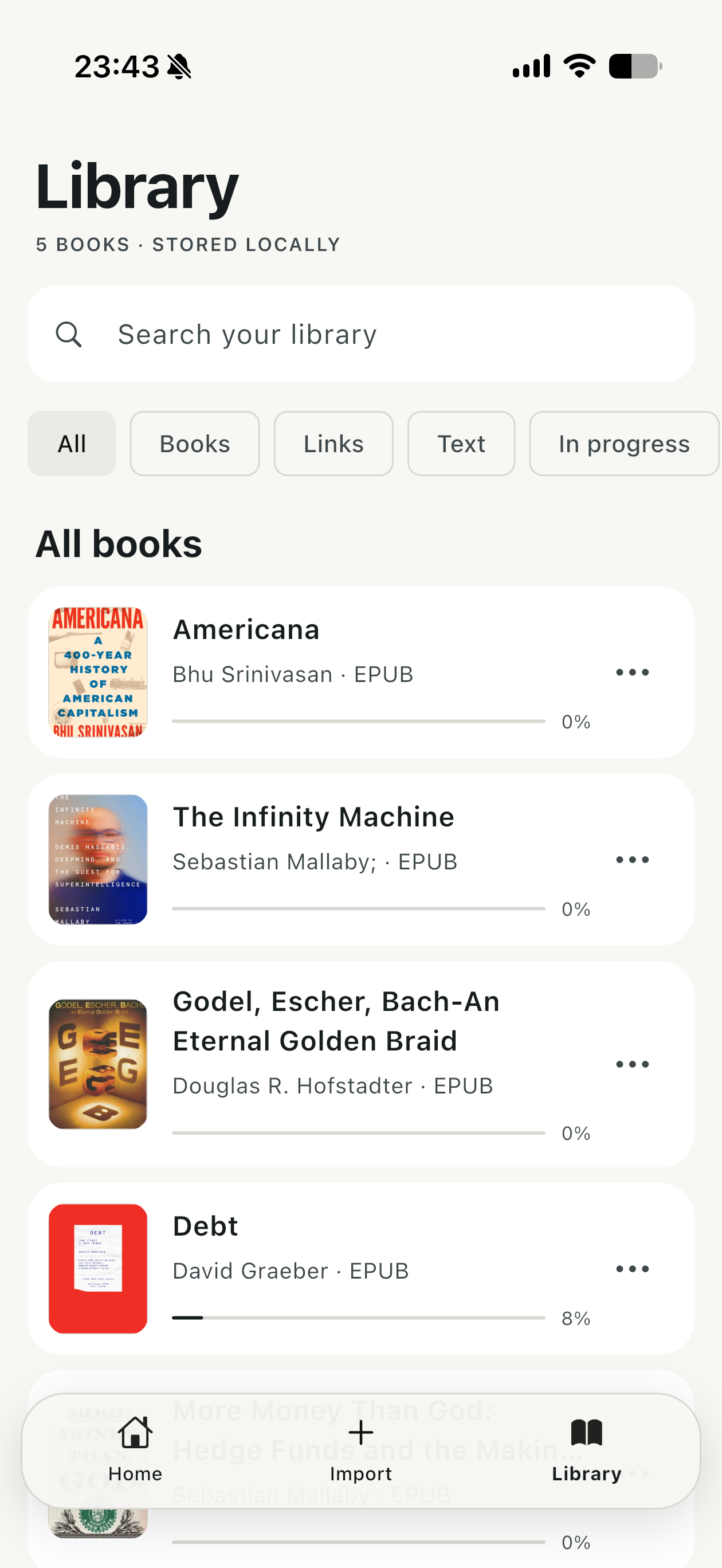 Koe library screen showing locally stored books